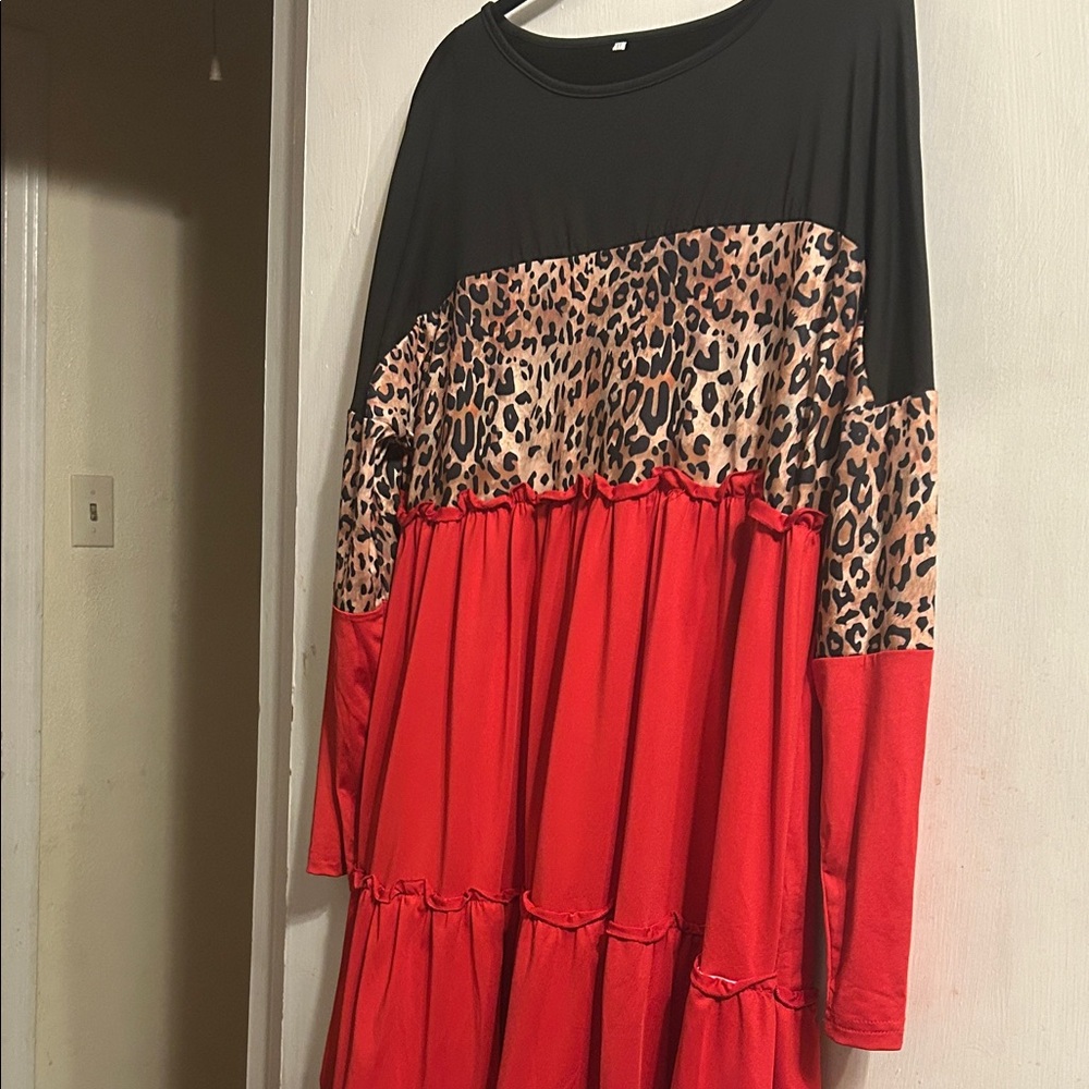 Leopard Black and Red Colorblock Dress w/long sleeves.